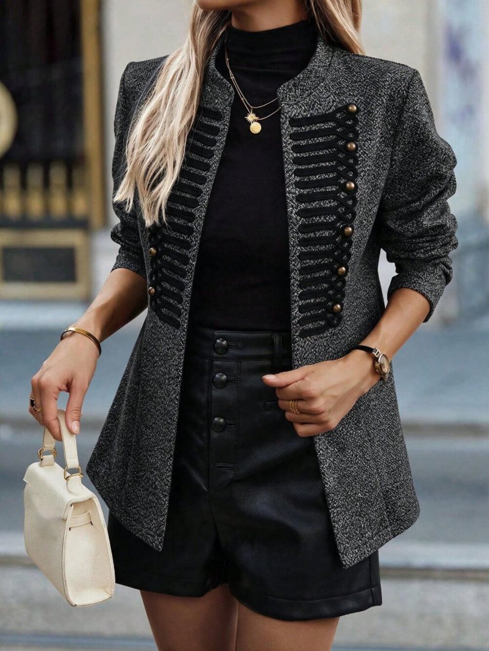 Black Elegant Women's Tweed Blazer - Picture 3 of 8